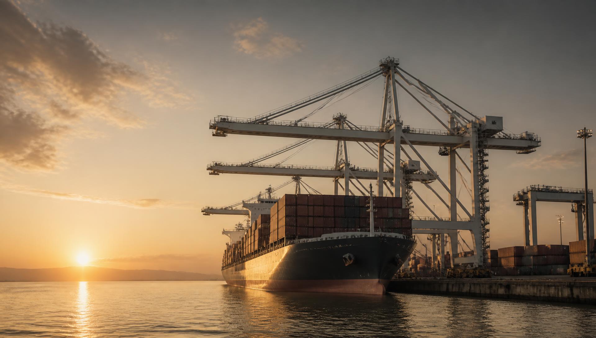 Container vessel berthed alongside port cranes at sunrise