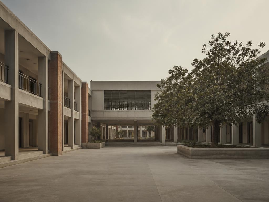 Courtyard of an educational institution with concrete colonnades