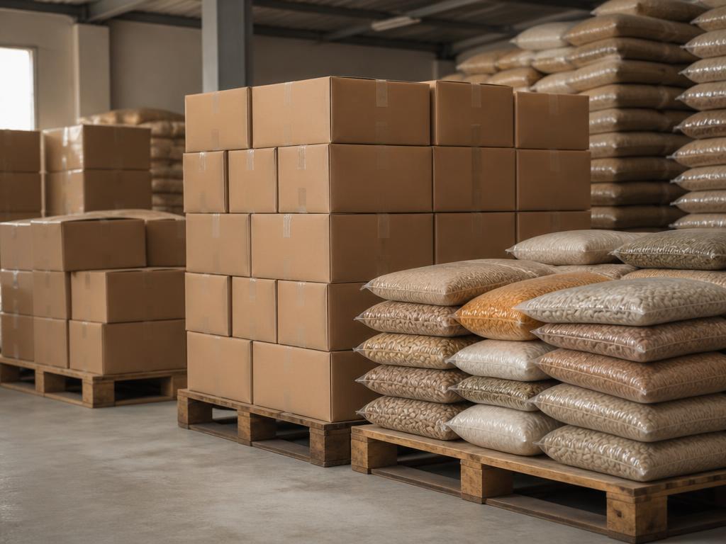 Sealed sacks of grains and export cartons on pallets in a warehouse