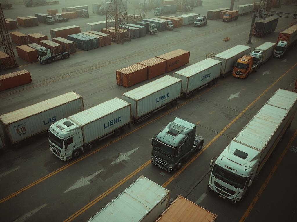 Container trucks lined up at a logistics terminal