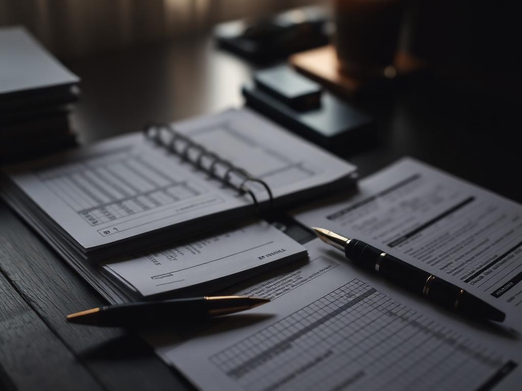 Business ledgers and documents with a fountain pen on a desk