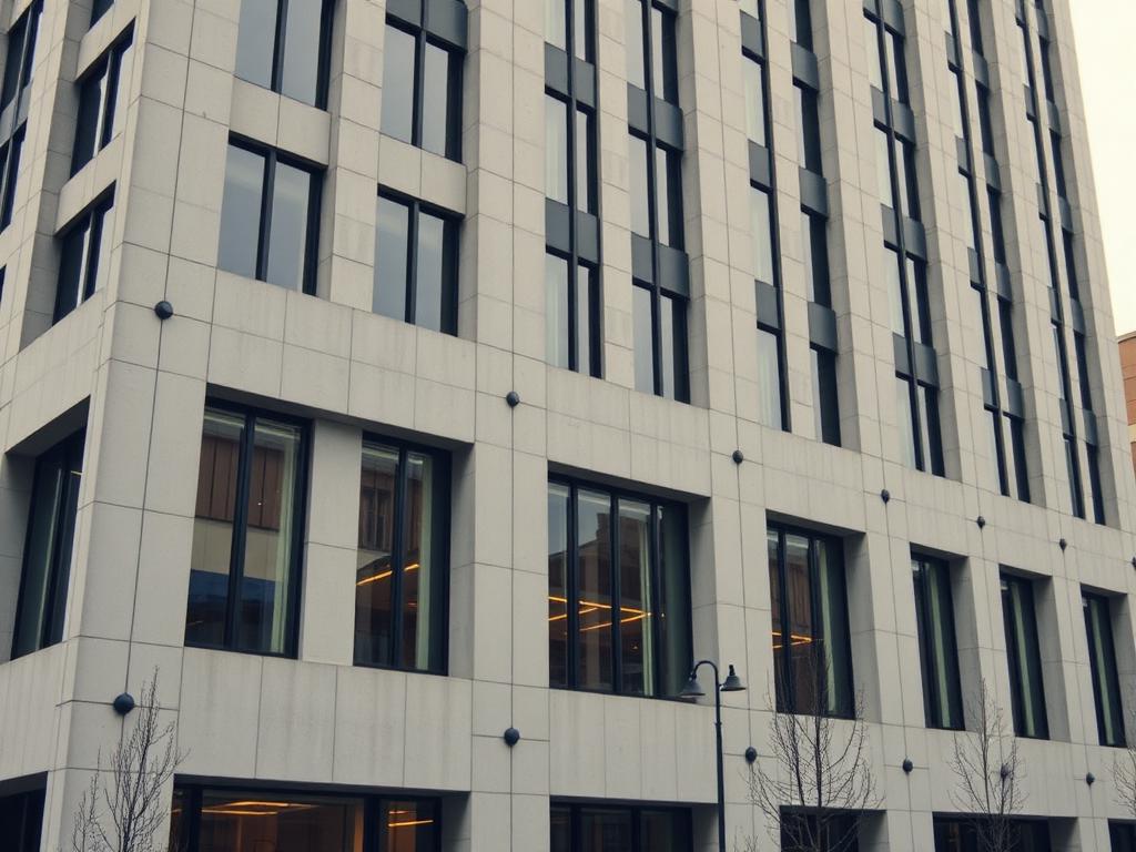 Facade of a modern commercial building in stone and glass