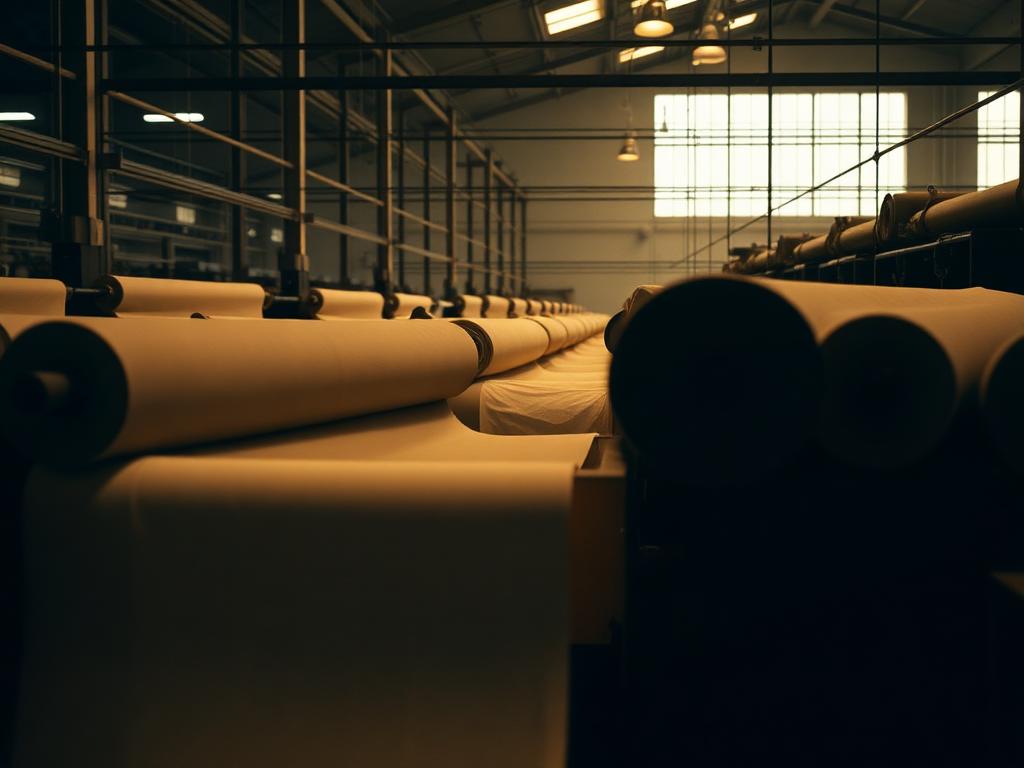 Rolls of fabric on machinery inside a textile mill