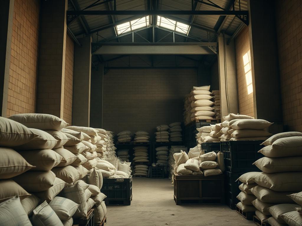 Sacks of traded commodities stacked on pallets inside a trading warehouse